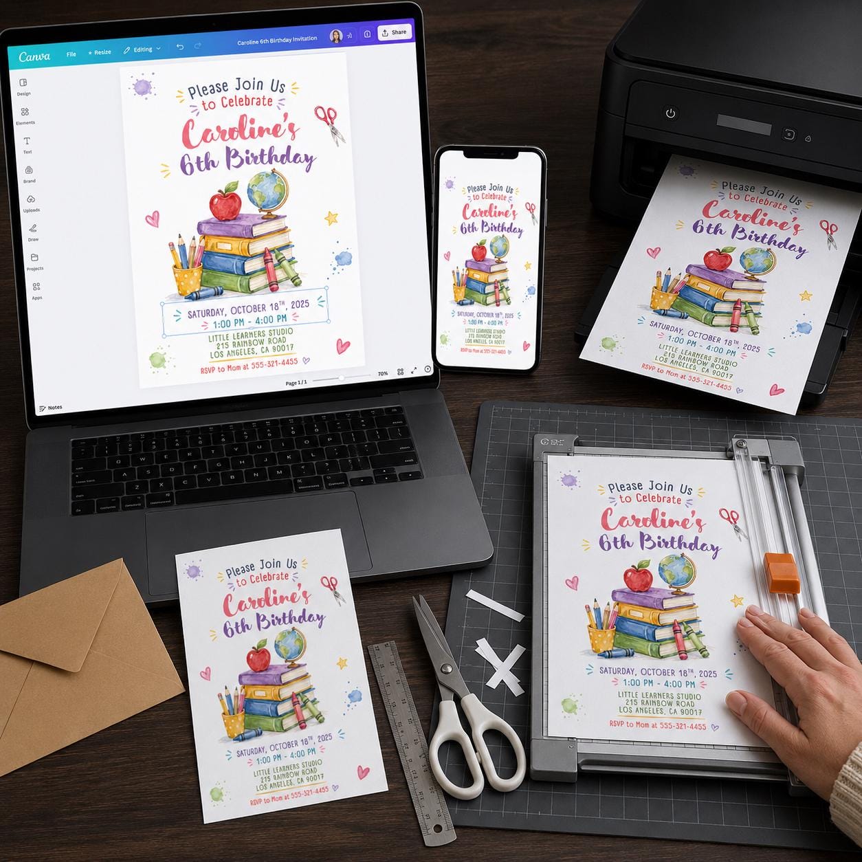 School Birthday Invitation, 6th Birthday Girl Classroom Party, Watercolor Books and Globe, Editable Printable Canva Template - Image 5