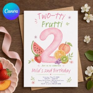 Two-tti Frutti 2nd Birthday Invitation, Watercolor Fruit Party for Girl, Editable Printable Canva Template