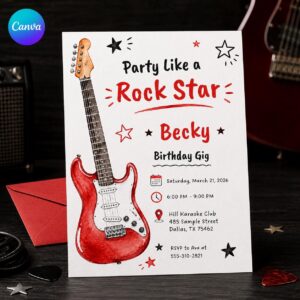 Rock Star Guitar Birthday Invitation, Red Electric Music Party, Editable Printable Canva Template