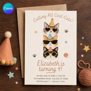 Cool Cat Birthday Invitation, Calling All Cool Cats 4th Birthday Party, Editable Printable Canva Template