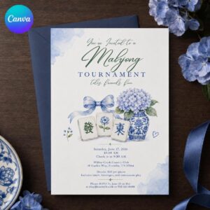 Mahjong Tournament Invitation, Blue Hydrangea Chinoiserie Game Night, Editable Printable Canva Template