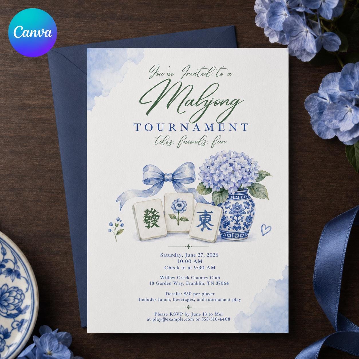 Mahjong Tournament Invitation, Blue Hydrangea Chinoiserie Game Night, Editable Printable Canva Template