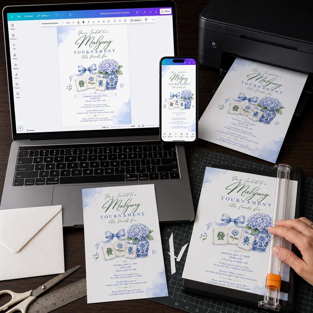 Mahjong Tournament Invitation, Blue Hydrangea Chinoiserie Game Night, Editable Printable Canva Template - Image 6