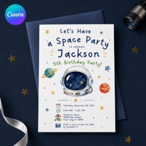 Space Birthday Invitation, Astronaut 5th Birthday Outer Space Party for Boy, Editable Printable Canva Template