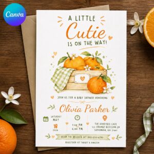 Little Cutie Baby Shower Invitation, Orange Citrus Clementine Gender Neutral Shower, Editable Printable Canva Template