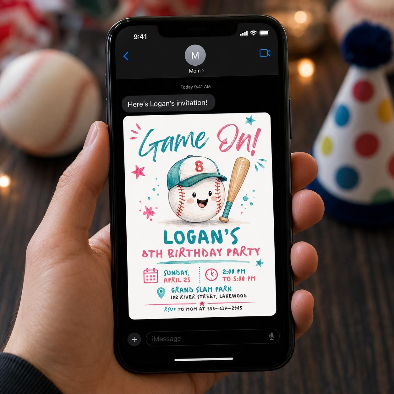 Baseball 8th Birthday Invitation, Game On Sports Party in Pink and Teal, Editable Printable Canva Template - Image 5