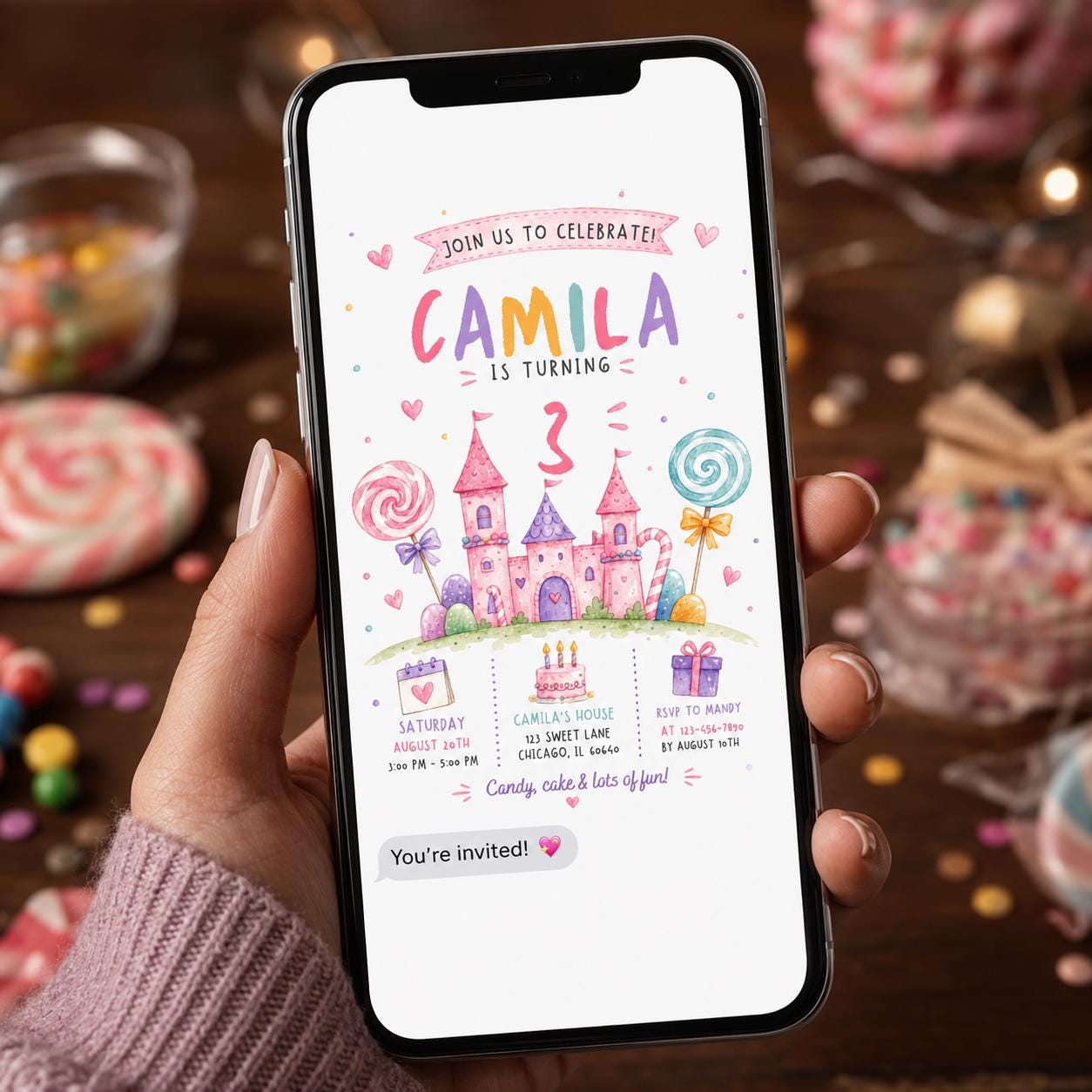 Candyland 3rd Birthday Invitation, Pink Candy Castle Princess Party for Girl, Editable Printable Canva Template - Image 5