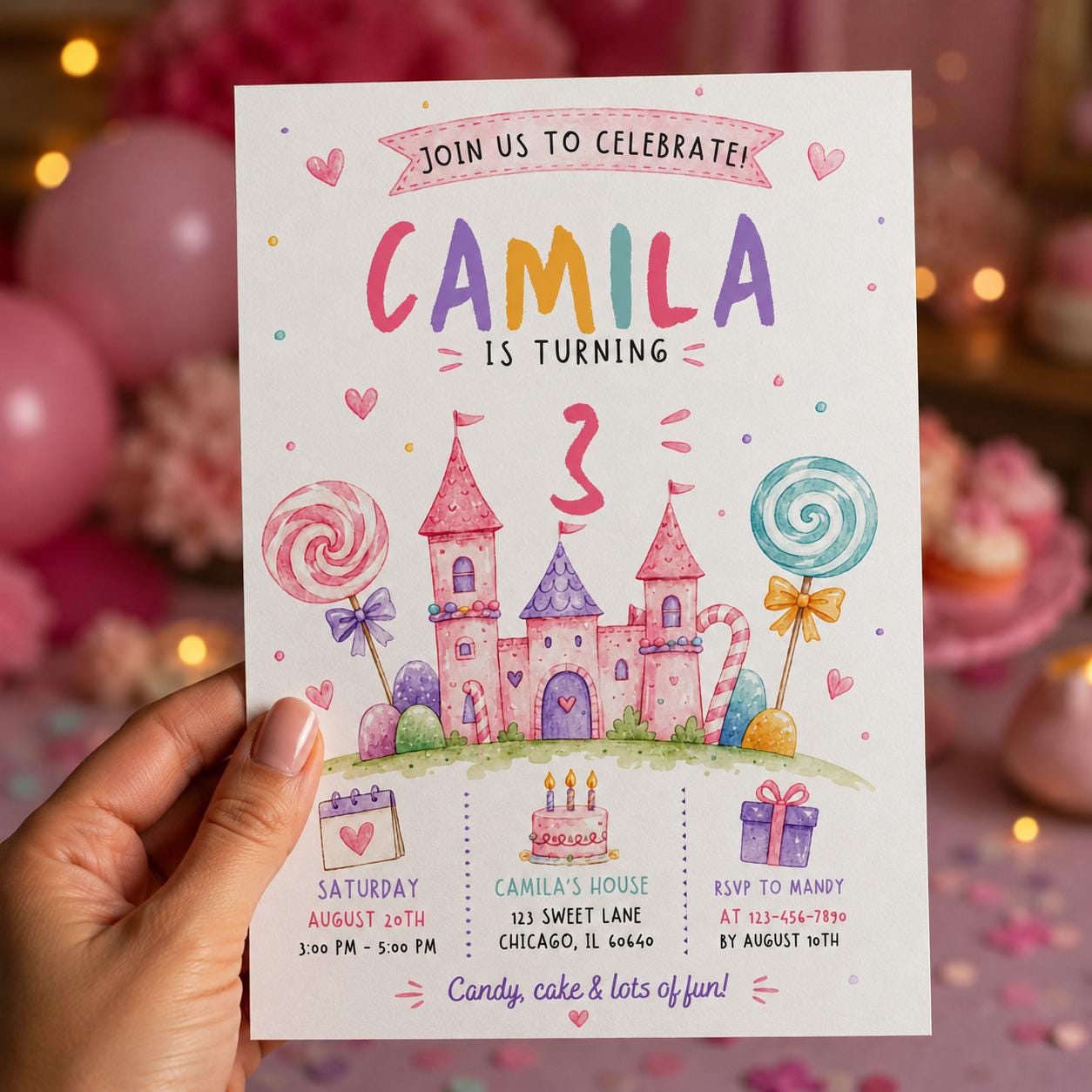 Candyland 3rd Birthday Invitation, Pink Candy Castle Princess Party for Girl, Editable Printable Canva Template - Image 6