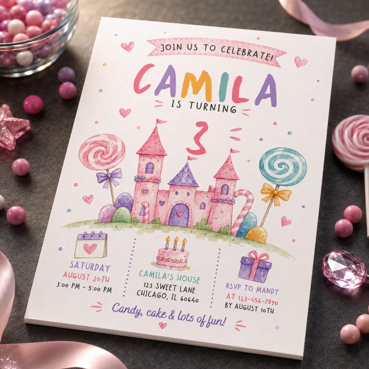 Candyland 3rd Birthday Invitation, Pink Candy Castle Princess Party for Girl, Editable Printable Canva Template - Image 4