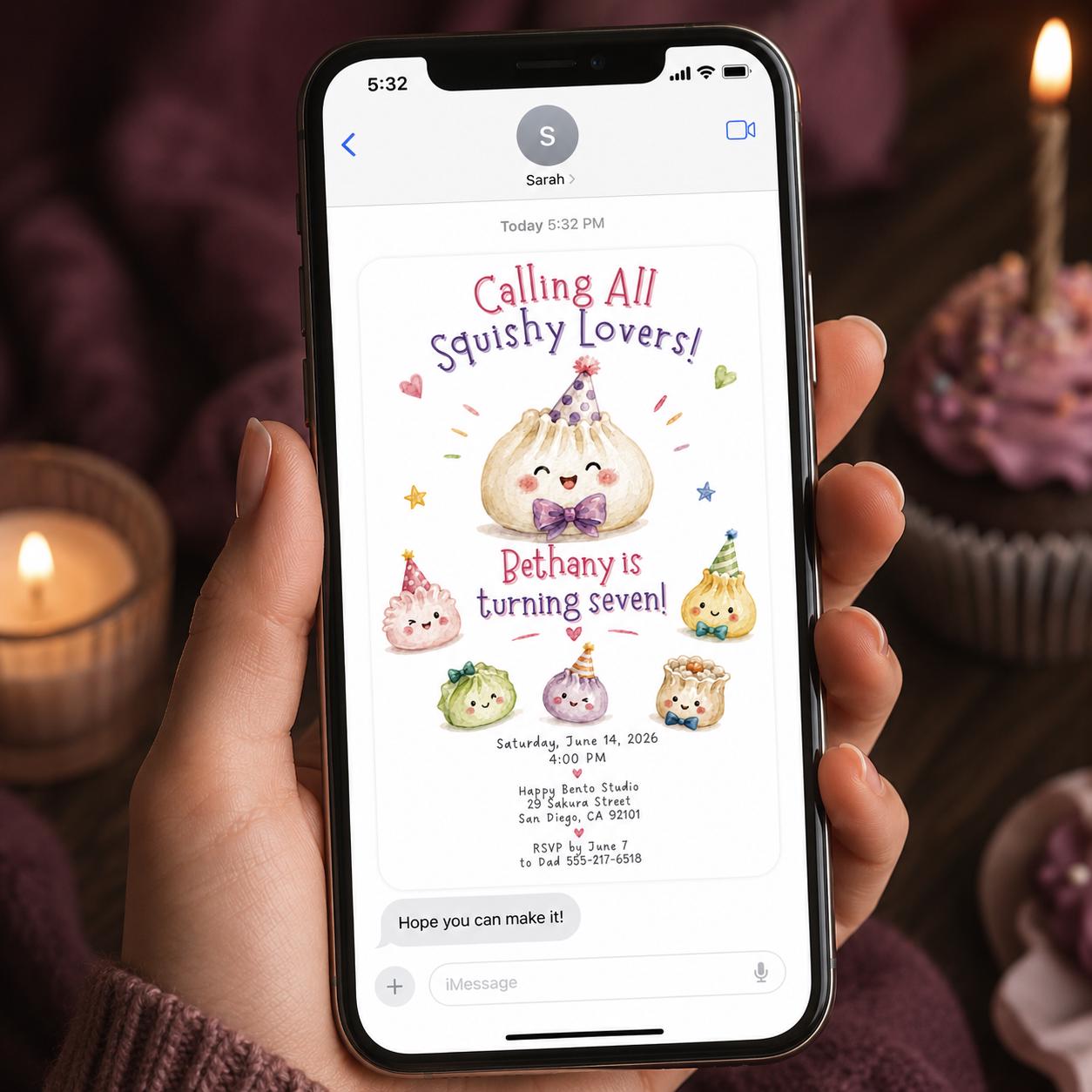 Squishy Dumpling Birthday Invitation, Kawaii Dim Sum 7th Birthday Girl Invite, Editable Printable Canva Template - Image 5