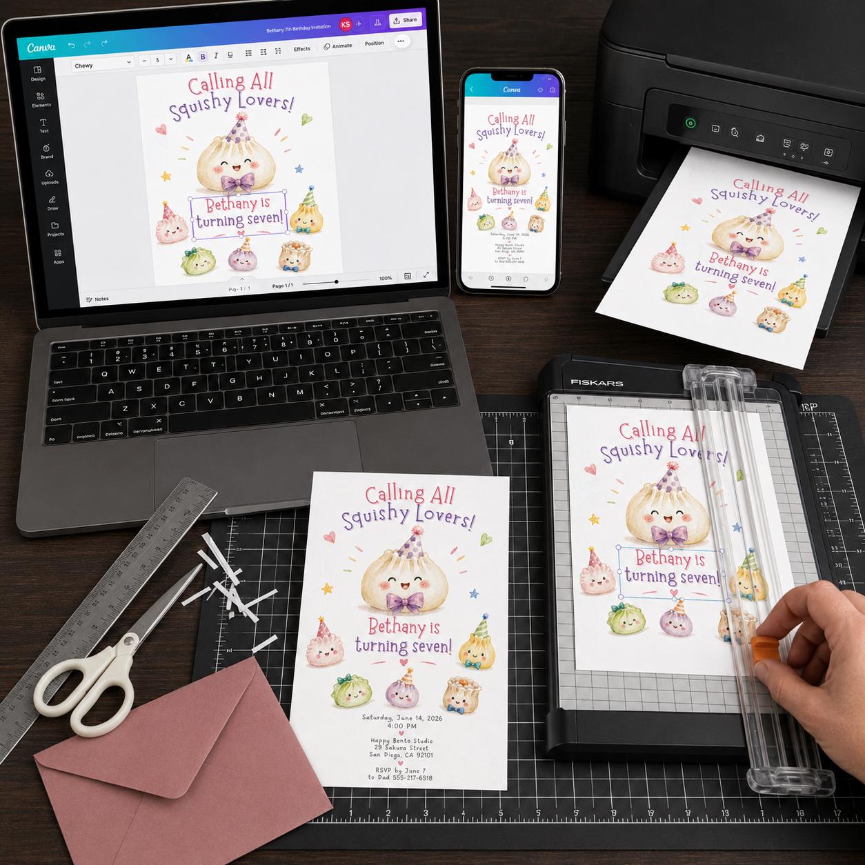 Squishy Dumpling Birthday Invitation, Kawaii Dim Sum 7th Birthday Girl Invite, Editable Printable Canva Template - Image 3