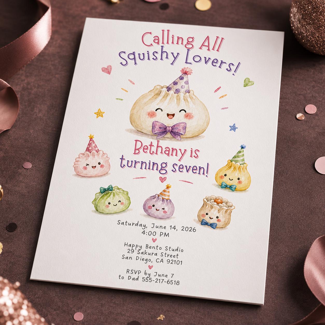 Squishy Dumpling Birthday Invitation, Kawaii Dim Sum 7th Birthday Girl Invite, Editable Printable Canva Template - Image 4
