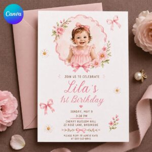 First Birthday Photo Invitation Girl, Pink Floral Baby Girl Party Invite, Editable Printable Canva Template