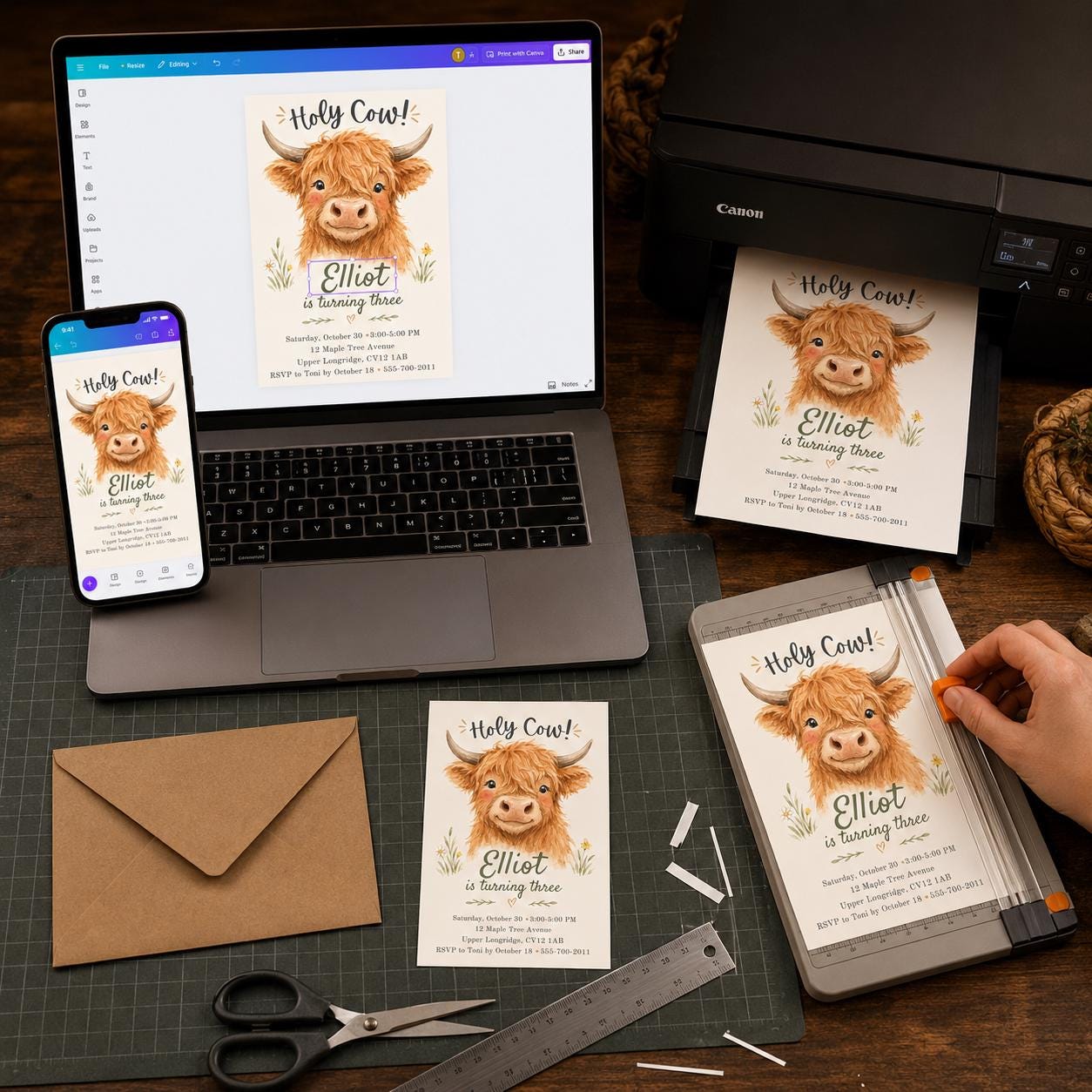Highland Cow 3rd Birthday Invitation, Holy Cow Farm Party, Watercolor Editable Printable Canva Template - Image 5