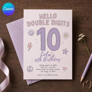 Hello Double Digits 10th Birthday Invitation, Pastel Tween Girl Party, Editable Printable Canva Template