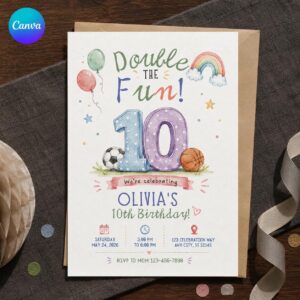 Double Digits 10th Birthday Invitation, Sports Party for Boy or Girl, Watercolor Editable Printable Canva Template