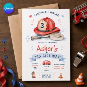 Firefighter 3rd Birthday Invitation, Three Alarm Fire Truck Party, Watercolor Editable Printable Canva Template