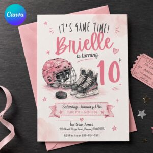 Girls Hockey Birthday Invitation, Pink Ice Hockey 10th Birthday Party Invite, Editable Printable Canva Template