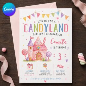 Candy Birthday Invitation Girl, Sweet Candy Castle 3rd Birthday Party Invite, Pastel Editable Printable Canva Template