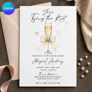 Tying the Knot Bridal Shower Invitation, Champagne Bow Wedding Shower Invite, Elegant Editable Printable Canva Template