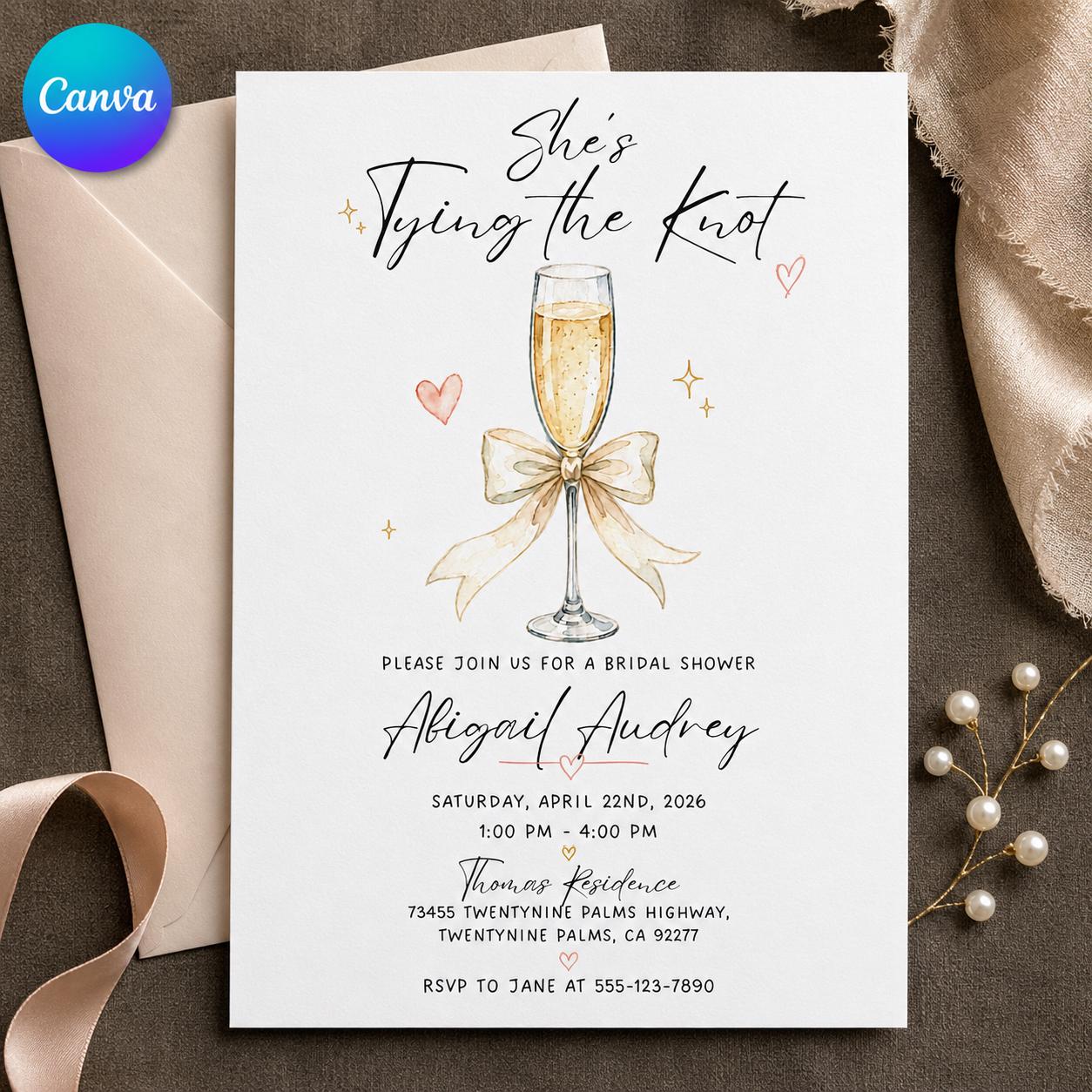 Tying the Knot Bridal Shower Invitation, Champagne Bow Wedding Shower Invite, Elegant Editable Printable Canva Template