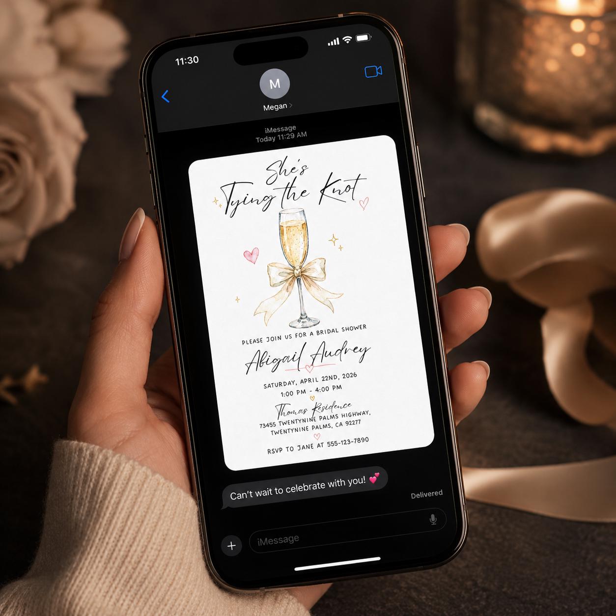 Tying the Knot Bridal Shower Invitation, Champagne Bow Wedding Shower Invite, Elegant Editable Printable Canva Template - Image 3