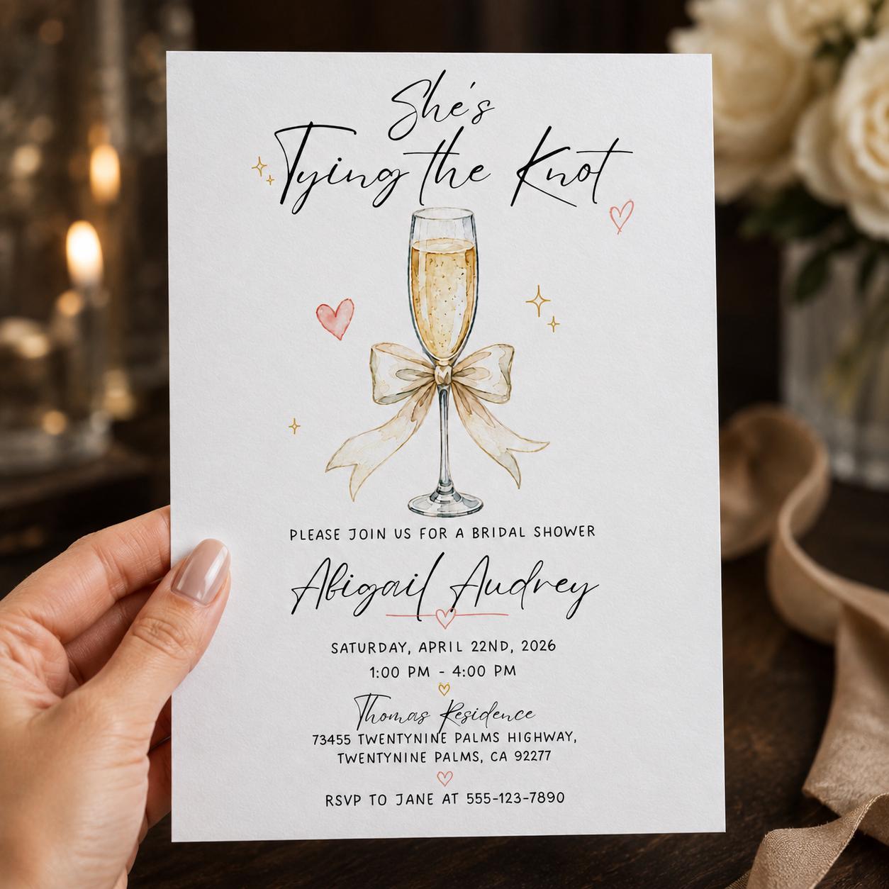 Tying the Knot Bridal Shower Invitation, Champagne Bow Wedding Shower Invite, Elegant Editable Printable Canva Template - Image 4