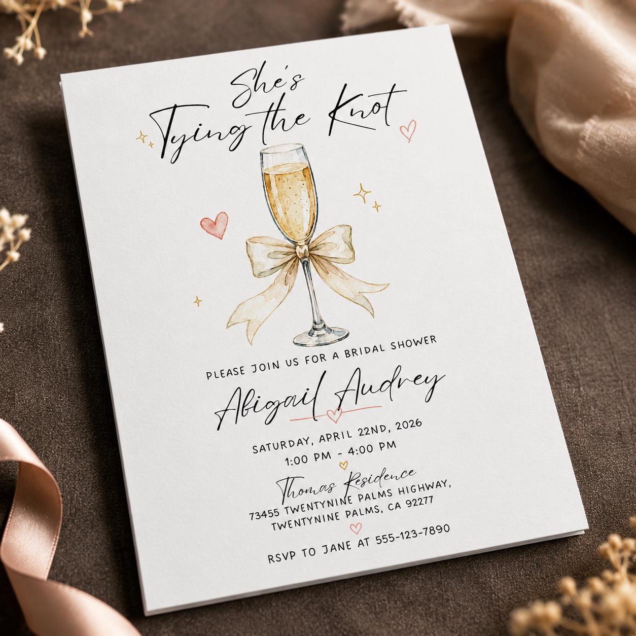 Tying the Knot Bridal Shower Invitation, Champagne Bow Wedding Shower Invite, Elegant Editable Printable Canva Template - Image 6