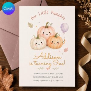 Little Pumpkin First Birthday Invitation Girl, Pink Fall Autumn Party Invite, Editable Printable Canva Template