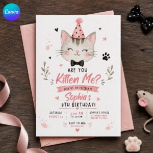 Cat Birthday Invitation Girl, Are You Kitten Me 8th Birthday Party Invite, Pink Watercolor Editable Printable Canva Template