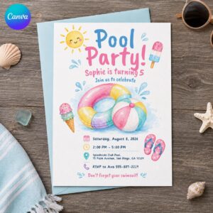 Pool Party Birthday Invitation, Girl 5th Birthday Swim Party Invite, Pastel Summer Editable Printable Canva Template