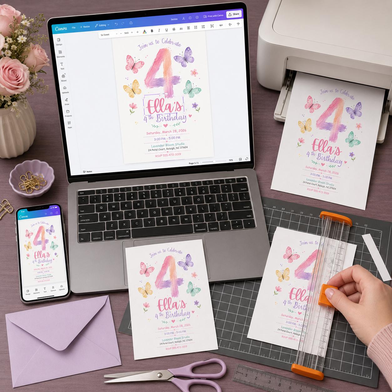 Butterfly 4th Birthday Invitation Girl, Pastel Watercolor Floral Party Invite, Editable Printable Canva Template - Image 3
