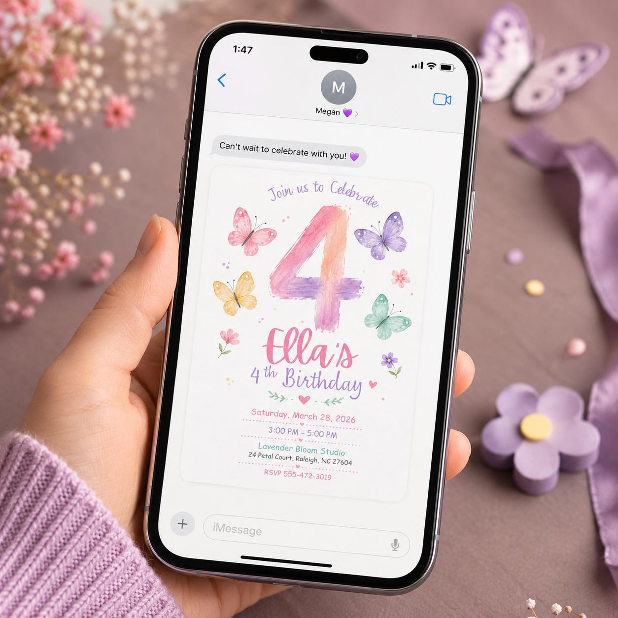 Butterfly 4th Birthday Invitation Girl, Pastel Watercolor Floral Party Invite, Editable Printable Canva Template - Image 5