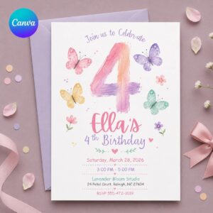 Butterfly 4th Birthday Invitation Girl, Pastel Watercolor Floral Party Invite, Editable Printable Canva Template