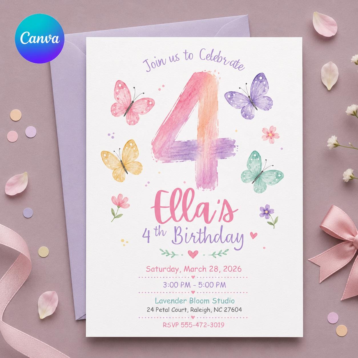 Butterfly 4th Birthday Invitation Girl, Pastel Watercolor Floral Party Invite, Editable Printable Canva Template