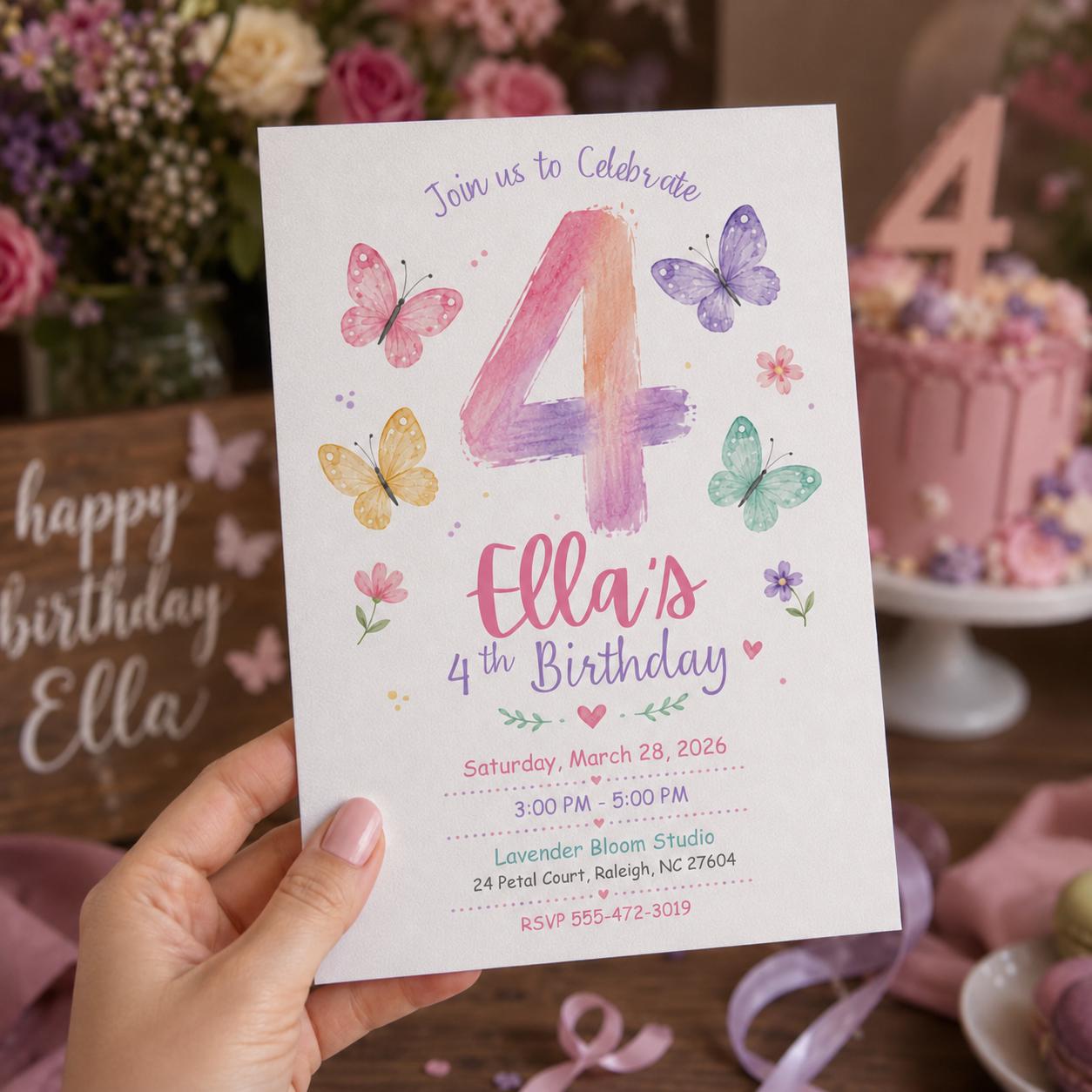 Butterfly 4th Birthday Invitation Girl, Pastel Watercolor Floral Party Invite, Editable Printable Canva Template - Image 6