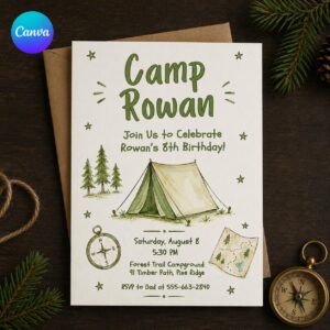 Camping Birthday Invitation Boy, Campout 8th Birthday Party Invite, Outdoor Adventure Editable Canva Template