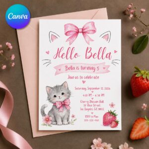 Kitten Birthday Invitation Girl, Pink Cat 5th Birthday Party Invite, Watercolor Editable Printable Canva Template