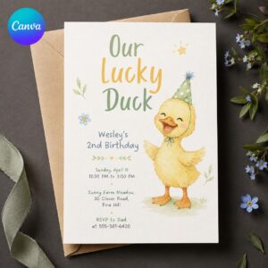 Lucky Duck 2nd Birthday Invitation, Yellow Duck Boy Party Invite, Watercolor Editable Printable Canva Template