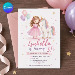 Princess Unicorn 5th Birthday Invitation, Pastel Rainbow Girl Party Invite, Fairytale Editable Canva Template