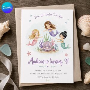 Mermaid 3rd Birthday Invitation, Under the Sea Girl Party Invite, Watercolor Editable Printable Canva Template