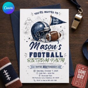 Football Birthday Invitation, 11th Birthday Boy Game Day Party Invite, Watercolor Sports Editable Canva Template