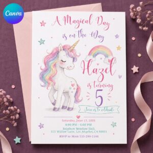 Unicorn 5th Birthday Invitation, Pastel Rainbow Girl Party Invite, Magical Editable Printable Canva Template