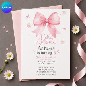 Pink Bow 5th Birthday Invitation, Coquette Ribbon Daisy Girl Party Invite, Editable Watercolor Printable Canva Template