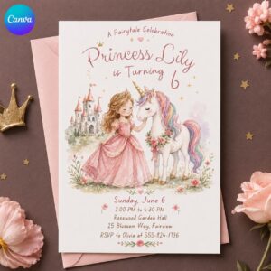 Princess Unicorn 6th Birthday Invitation, Fairytale Castle Party Invite for Girls, Pastel Watercolor Editable Canva Template