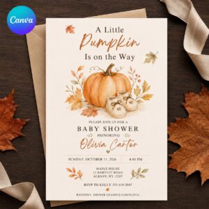 Little Pumpkin Baby Shower Invitation, Fall Gender Neutral Autumn Invite, Editable Watercolor Printable Canva Template
