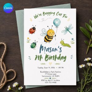 Bug Birthday Invitation, Watercolor Insect Party Invite, Bee Ladybug Dragonfly Kids Celebration Editable Printable Canva Template