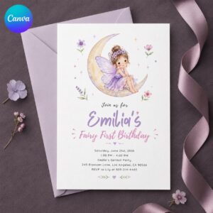 Fairy First Birthday Invitation, Watercolor Moon Fairy Party Invite, Whimsical Girl 1st Birthday Editable Printable Canva Template