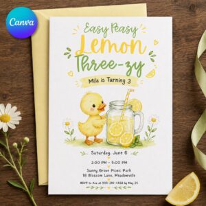 Lemon 3rd Birthday Invitation, Easy Peasy Lemon Three-sy Party Invite, Duck Lemonade Summer Editable Printable Canva Template