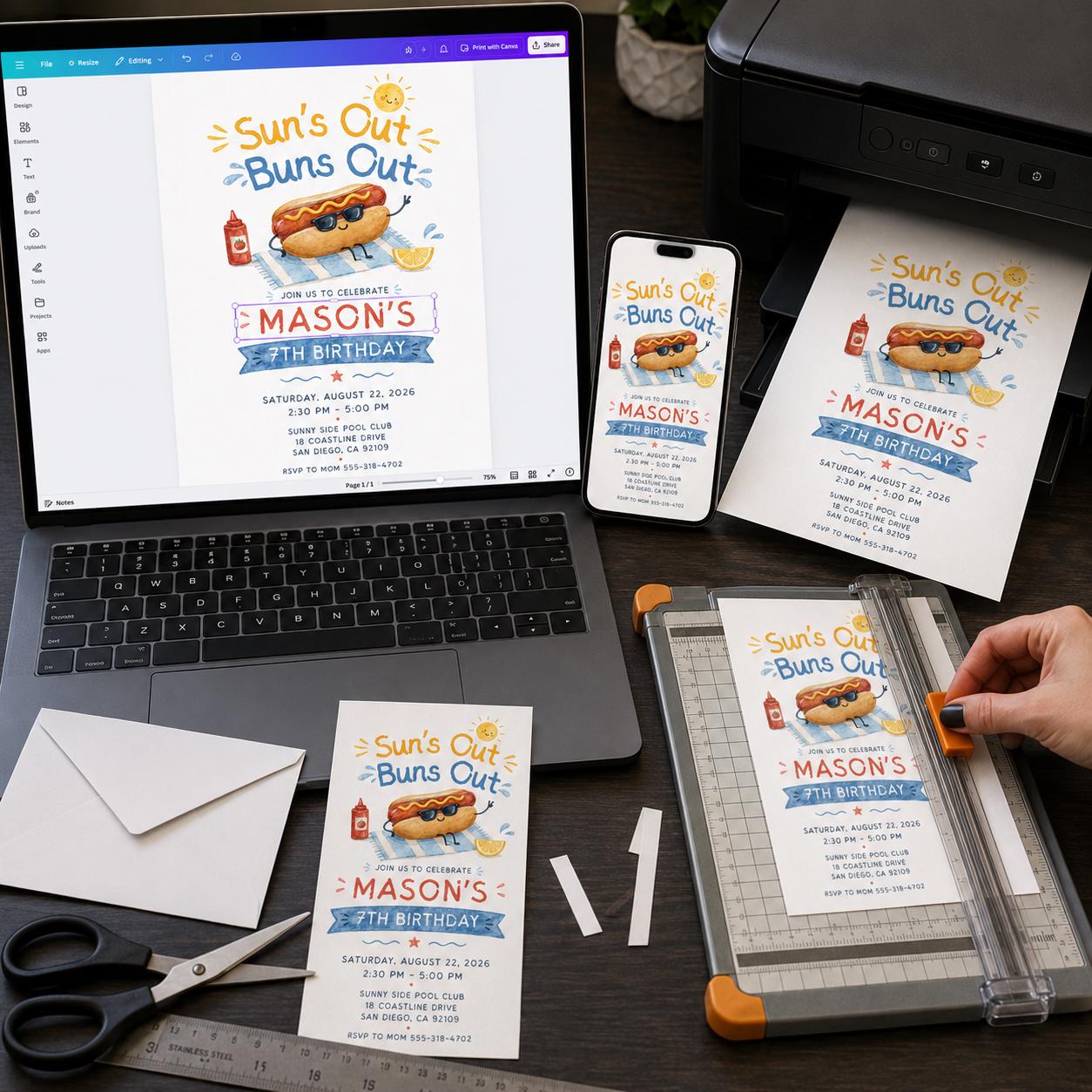 Hot Dog Birthday Invitation, Suns Out Buns Out Pool Party Invite, Summer Cookout BBQ, Editable Printable Canva Template - Image 3